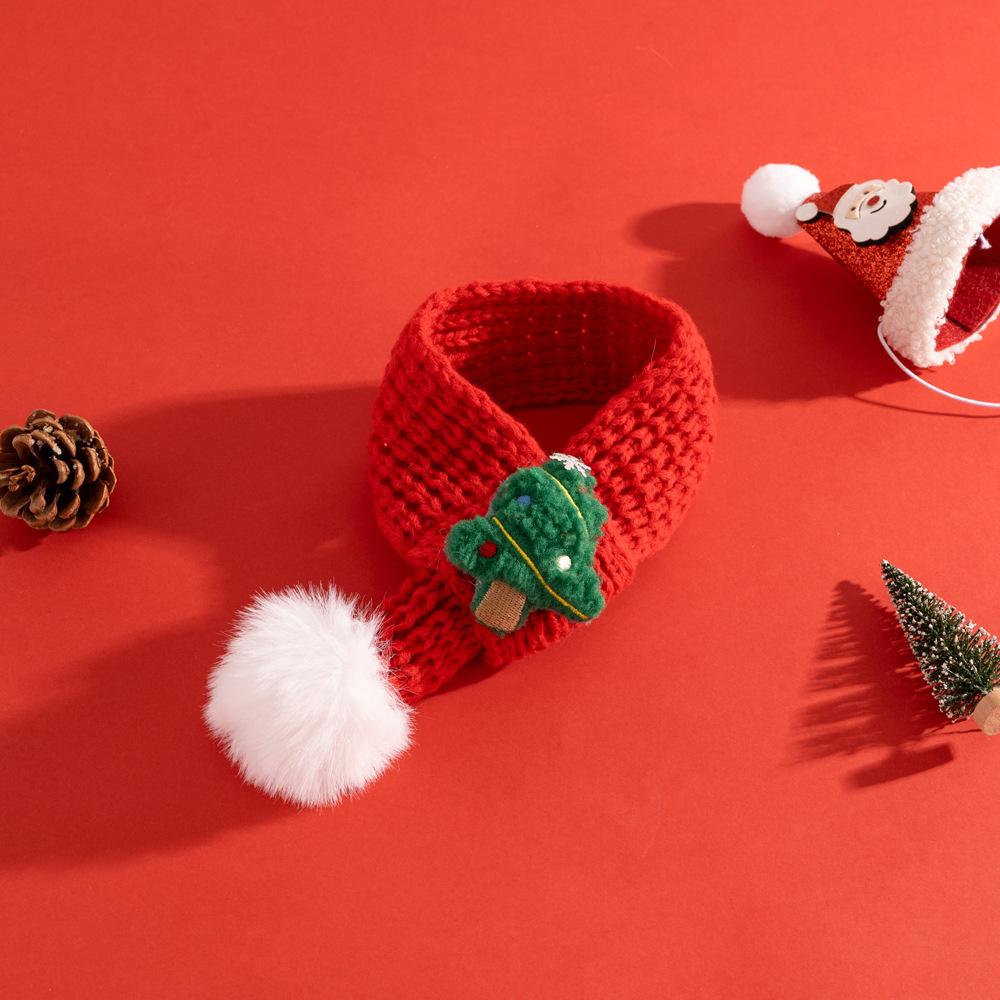 Cute Pet Cat Knitted Scarf Soft Red Knit Scarves Christmas Decor with Fuzzy Pompom Dogs Xmas Costume for Winter