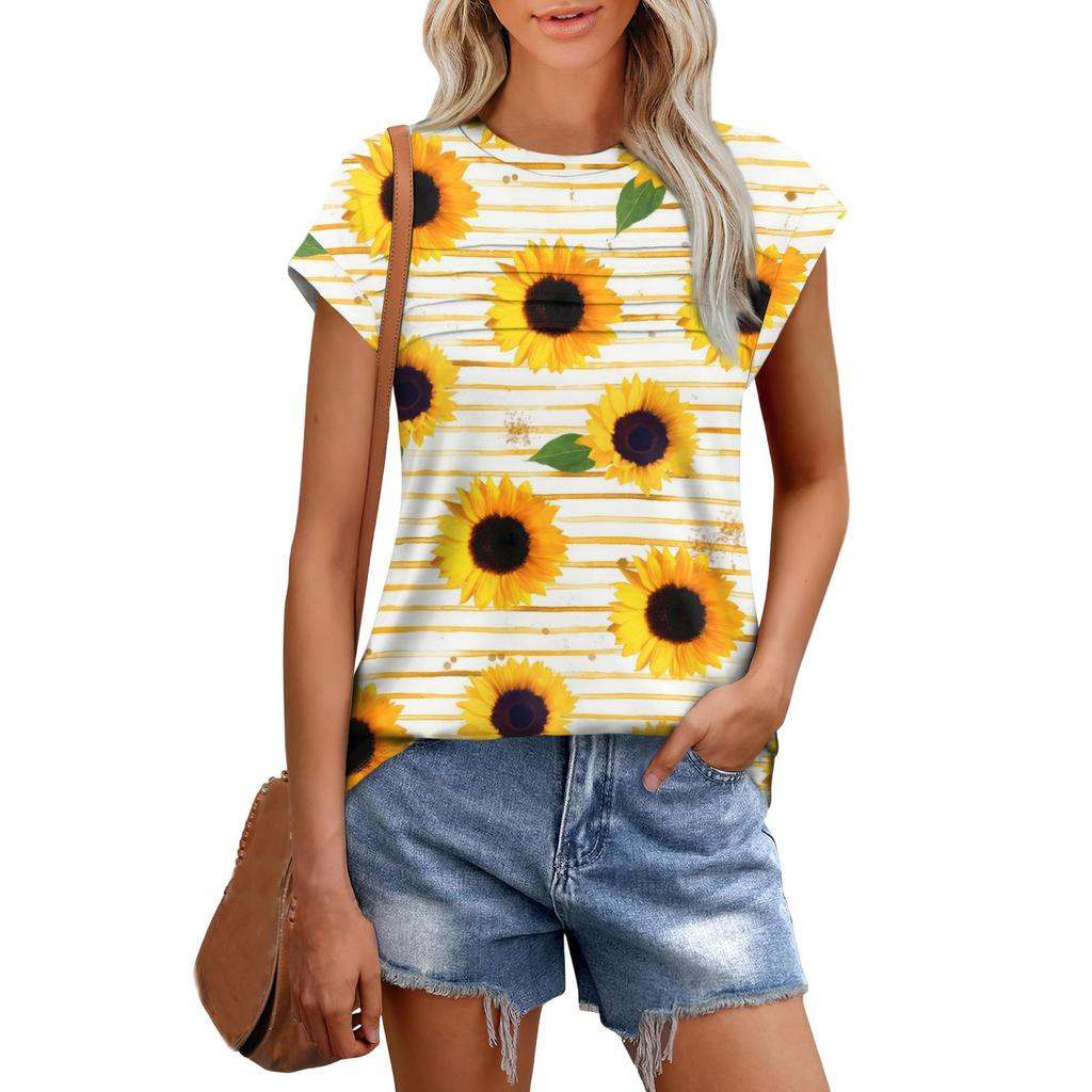 Damenmode Lässig Kurzarm Basic Textur Floral Rundhals T-Shirt Kappenärmel Top