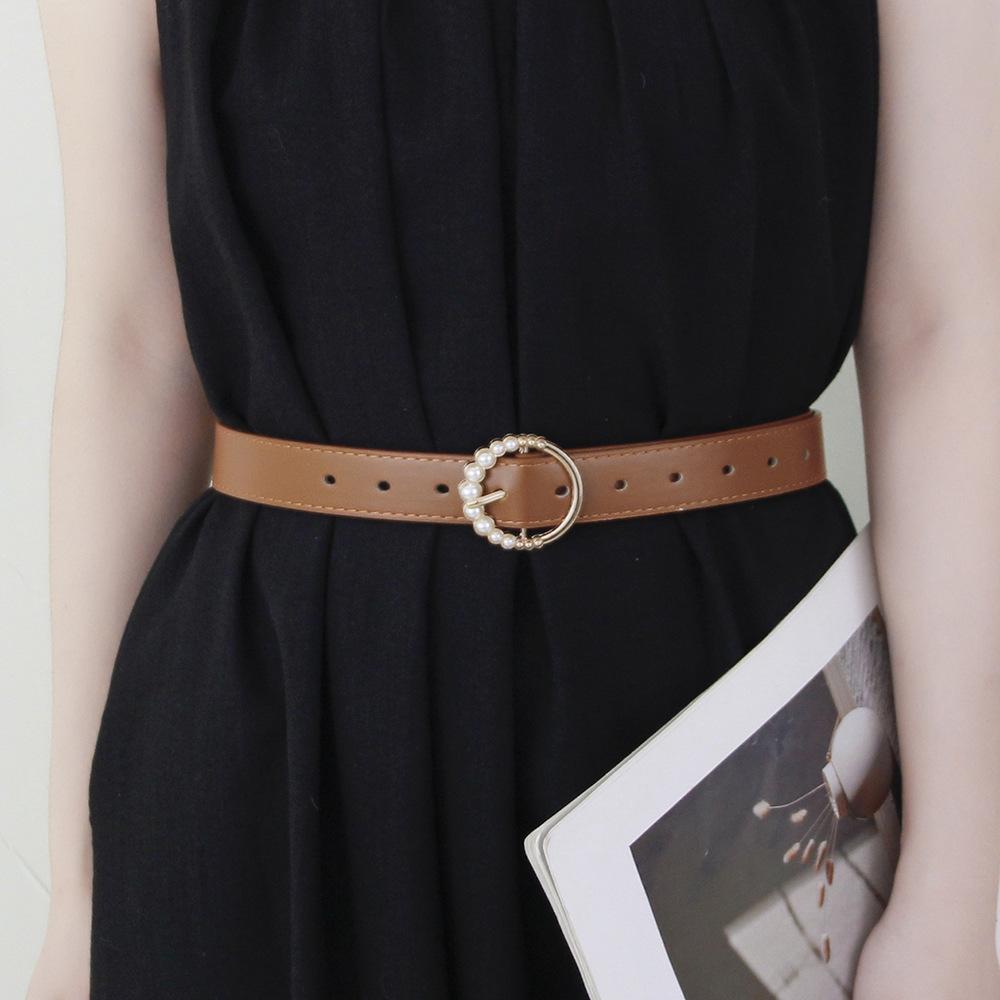 New Fashionable Round Pearl Buckle Women’s Leather Belt Korean-Style Beaded Versatile Minimalist Retro Jeans Belt