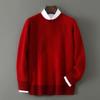 Men's 100% Pure Wool Color Block Round Neck Sweater - Thick Jacquard Knit for Autumn/Winter, Loose Casual Fit.