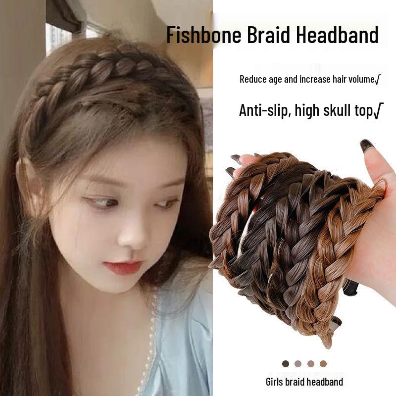 Women's Fishbone Braid Headband: Braided Hair Clip Pigtail Wig Hairpin with High Crown Hair Tie