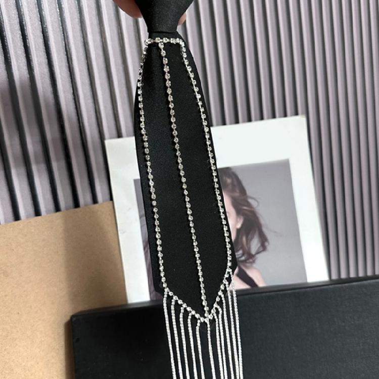Student Pre Tied Neck Ties Preepy Look Pin Rhinestones Fringe Dark Tie Cravat Vintage Neck Wear Accessories