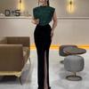 Women Glitter Dress Round Neck Sleeveless High Waist Lady Sequins Split Long Dress Evening Party Gown Dress