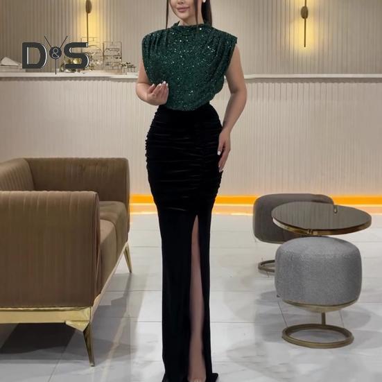 Women Glitter Dress Round Neck Sleeveless High Waist Lady Sequins Split Long Dress Evening Party Gown Dress