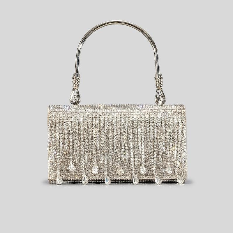 Borsa a Mano con Frange e Strass per Donna, Design di Nicchia, Borsa da Sera con Diamanti a Caldo, Borsa a Spalla/Crossbody con Manico Metallico a Cappuccio, Diamanti Scintillanti