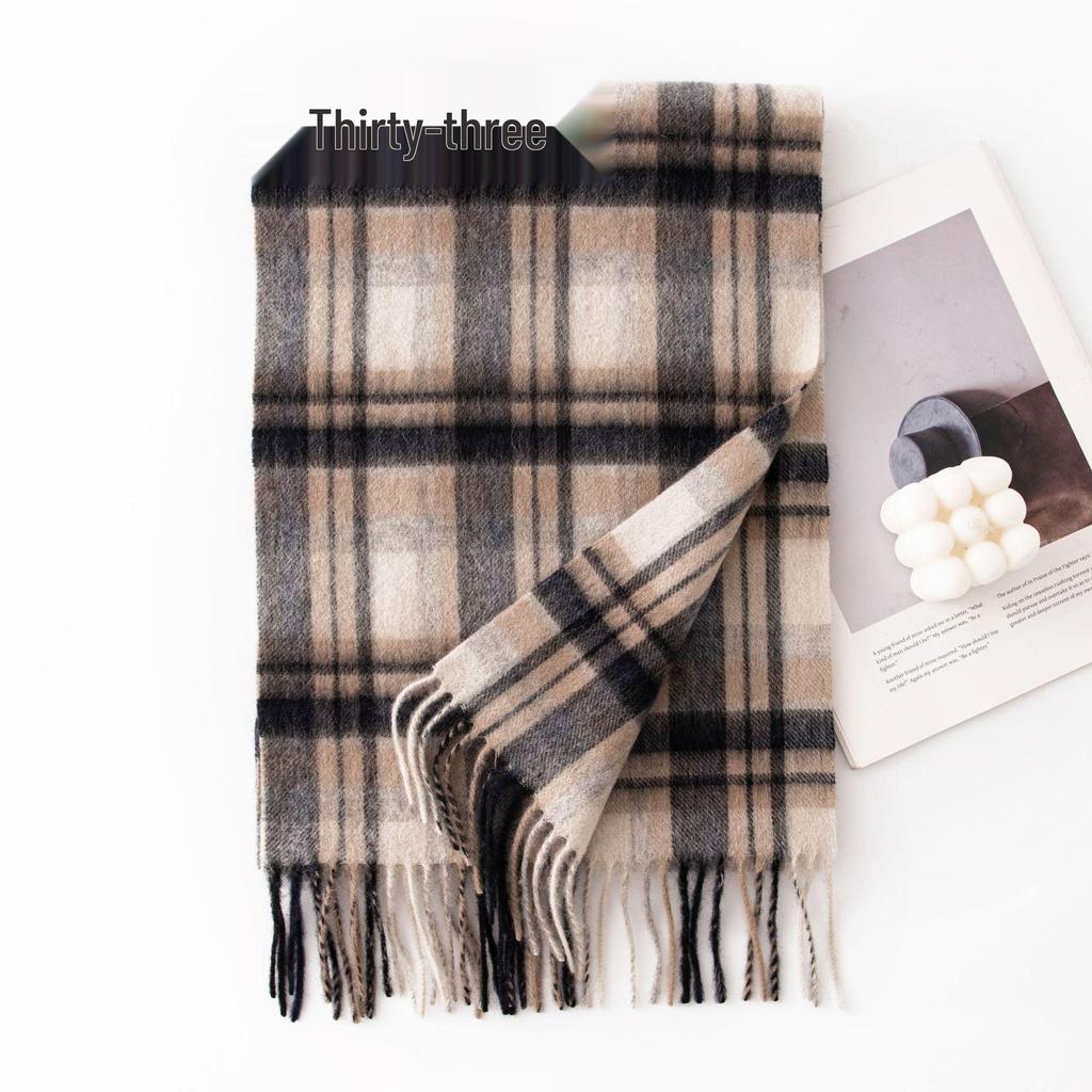 Women's 100% Wool Plaid Scarf - Korean Style, Autumn/Winter 2025, Long Tassel Shawl, Cold-Proof and Warm