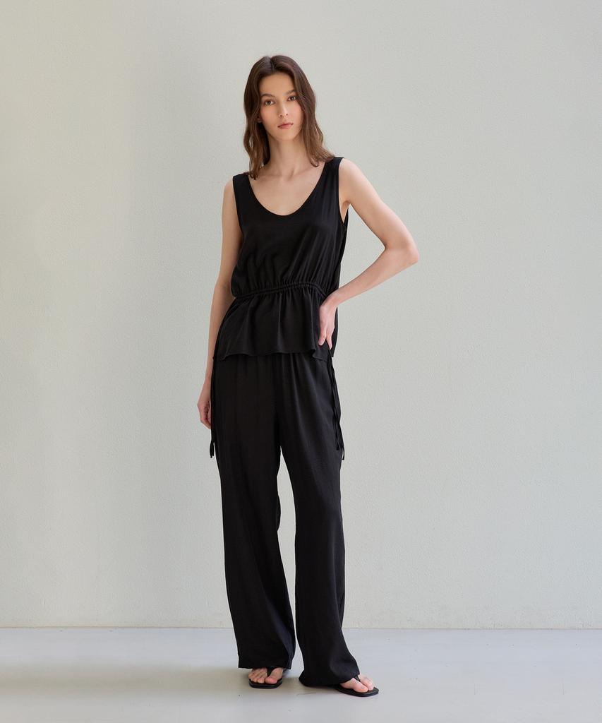 The Ello Airy Linen Blend Elastic Waist Pants (Black)