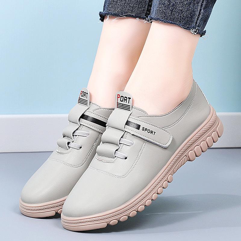Flat-soled Leather Shoes for Women In Spring and Autumn New Elastic Single Shoes Versatile and Fashionable Velcro White Shoes