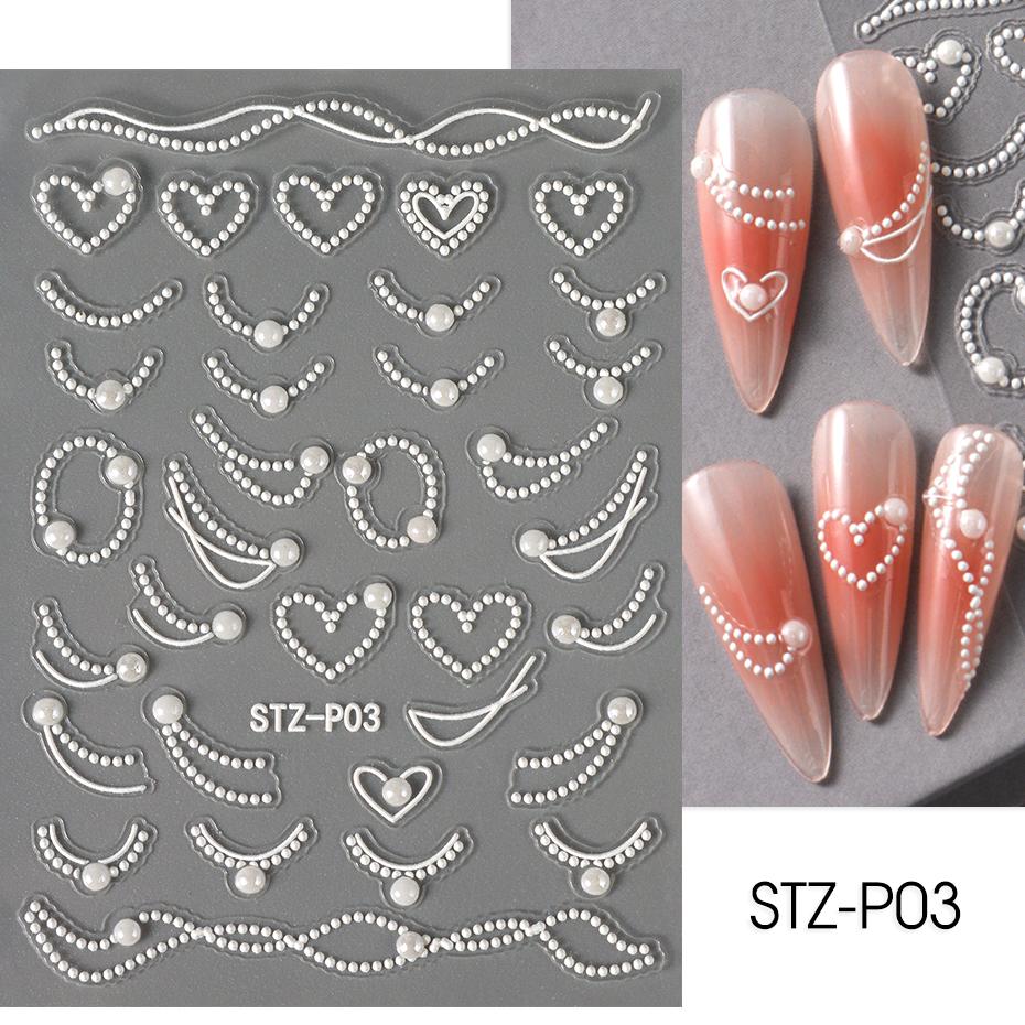 Weiße 5D-Simulationsperlen-Wellenlinien-Nagelkunstaufkleber, elegante, exquisite Nageldekorationsaufkleber, selbstklebende Transferschieber-Maniküre