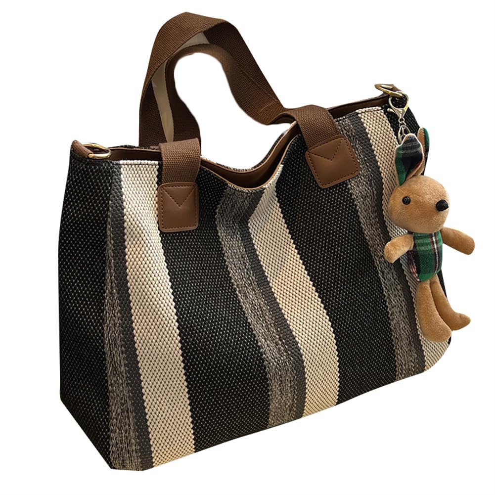 

KSLAT Women s Canvas Tote Bag, Striped Pattern, Fashionable and Casual, Large Capacity, Crossbody2-Way Bag, Cute Divided Bag (Free Size, Black)