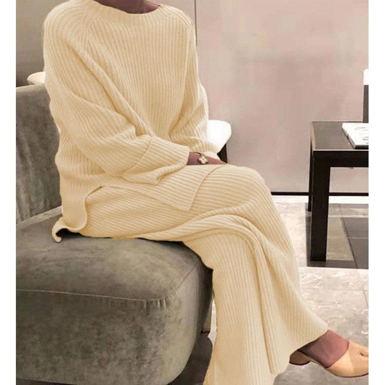 Women's Solid-Color Knit Casual Two-Piece Set with Long Sleeves for Fall/Winter