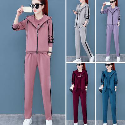 Conjunto de 3 unidades de abrigo para mujer, conjunto de pantalones, Color a juego, suave y grueso, con capucha, mangas largas, cremallera, puño elástico