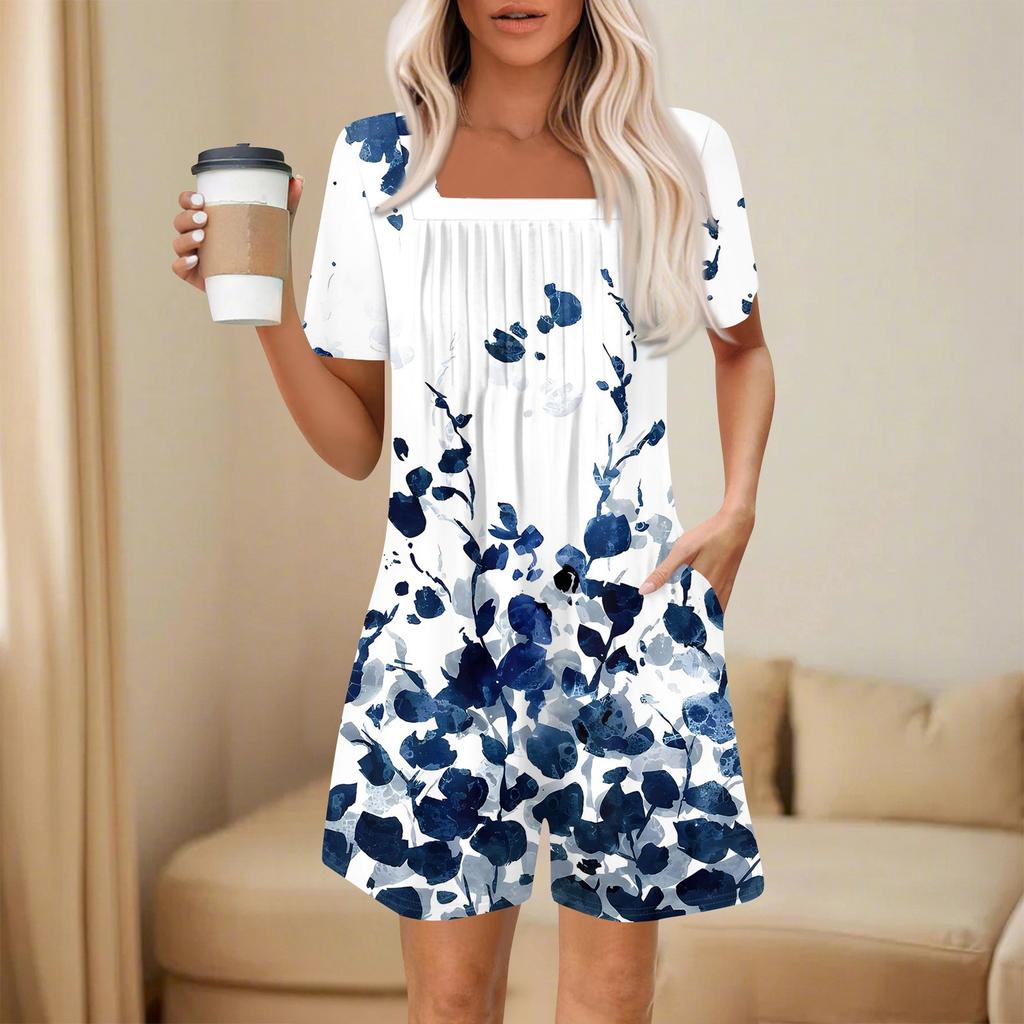 Women's Fashionable And Casual Short-sleeved Pleated Pocket Jumpsuit Printed Jumpsuit Shorts