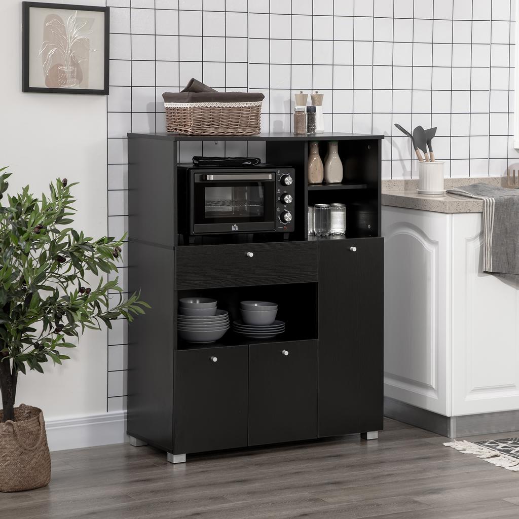 Multi-layer microwave furniture with 2 cabinets, 4 compartments and sliding drawer. Dimensions: 90 cm long x 40 cm wide x 120 cm high, in black wood