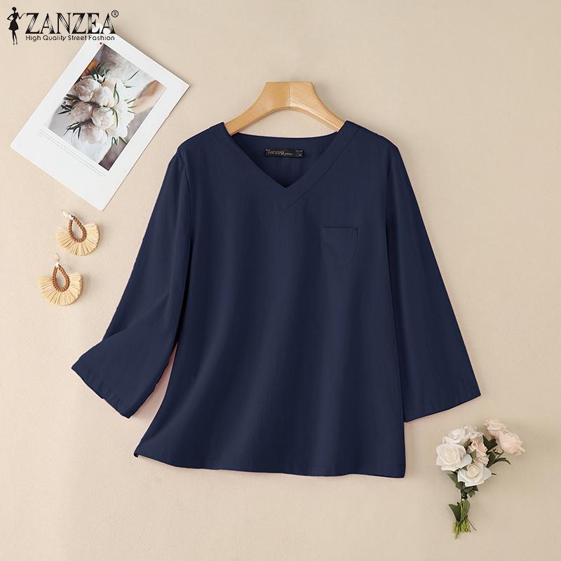 ZANZEA Women Casual V-Neck Loose 3/4 Sleeve Cotton Blouse