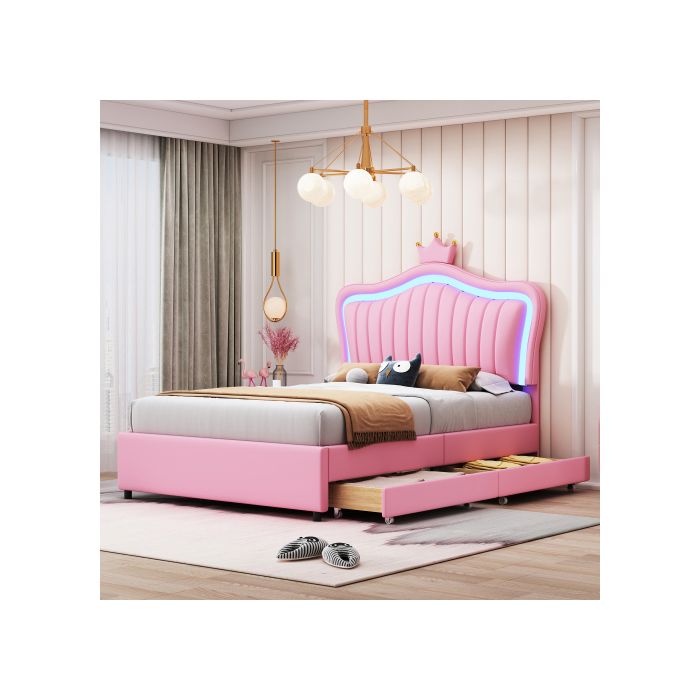 Lit enfant - MUVOE - Lit capitonné 90x200 cm - Similicuir rose - 2 tiroirs de rangement - LED multicolore