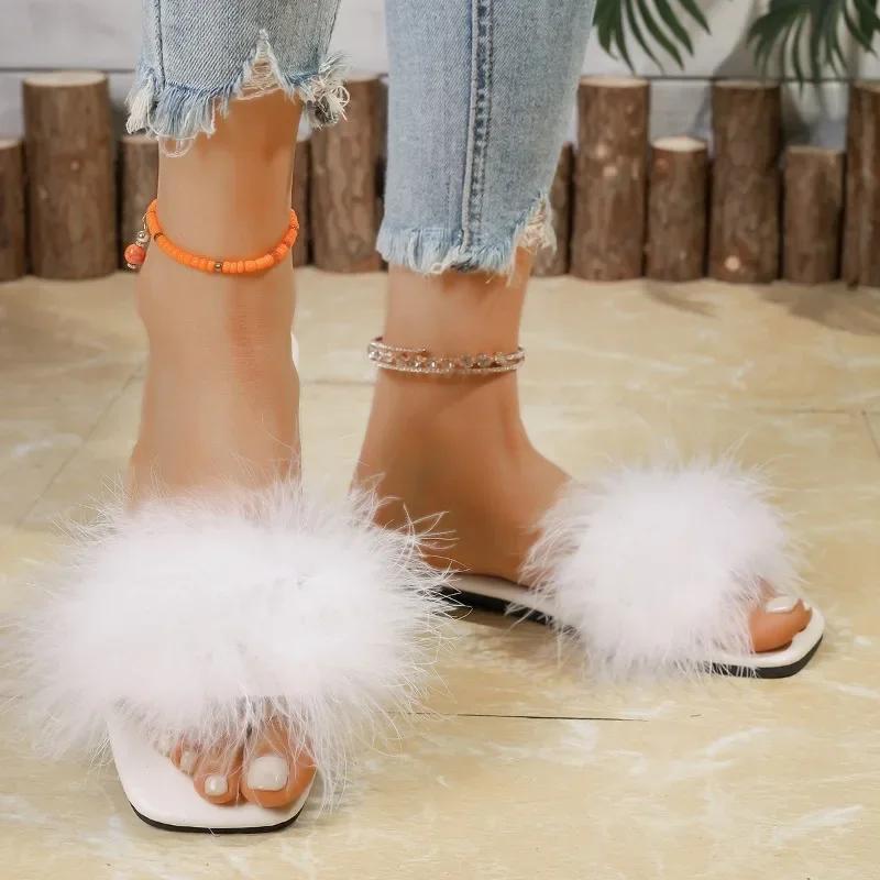 Fashion 2025 Hot Sale Women's Shoes Open Toe Women's Slippers Plus Size Daily Slippers Women Square Toe Feather Flat with Female Sandals