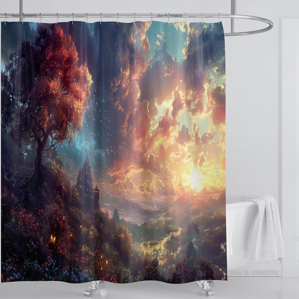 Illustration Japanese Chinese Style Art Print Polyester Washable Waterproof Shower Curtain Bathroom Decoration Bathtub With Hook