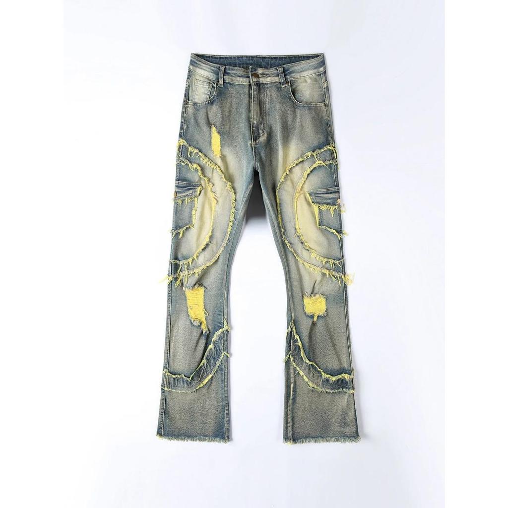 BeatStreet Nuovi Jeans Casual da Uomo Europei e Americani, Moda Street Punk, Retro, Buco Strappato, Jeans Elastici Leggermente Svasati con Frange