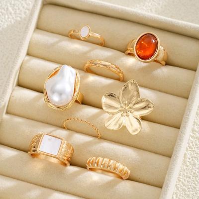8Pcs/Set Women Stackable Rings Elegant Flower Irregular Faux Pearl Ring Retro Faux Gem Ring Jewelry for Parties Dates Gifts