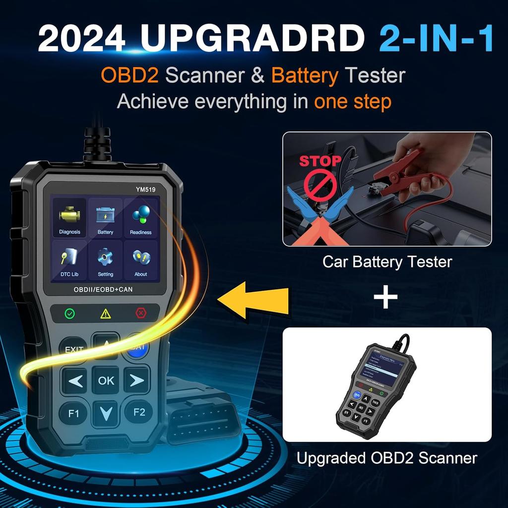 OBD2 Scanner with Battery Tester - Diagnostic Tool for Cars, Check Engine Light & Emissions Readiness, Real-Time Date, Plug & Play