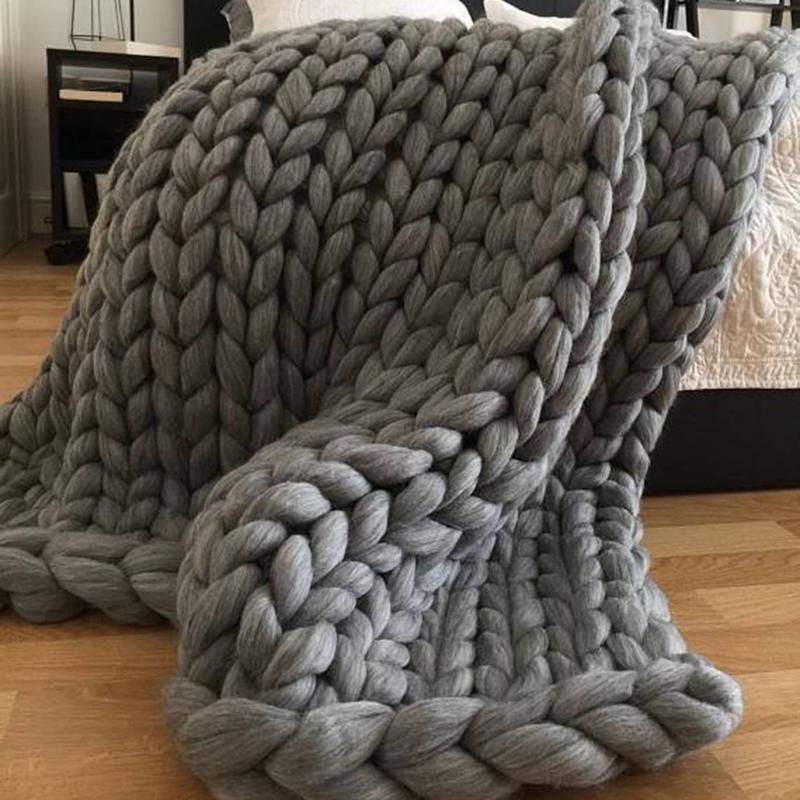 Hand Chunky Knitted Blanket Thick Yarn Merino Wool Bulky Knitting Throw Blankets Throw Carpets Soft Warm Winter Home Sofa Bed