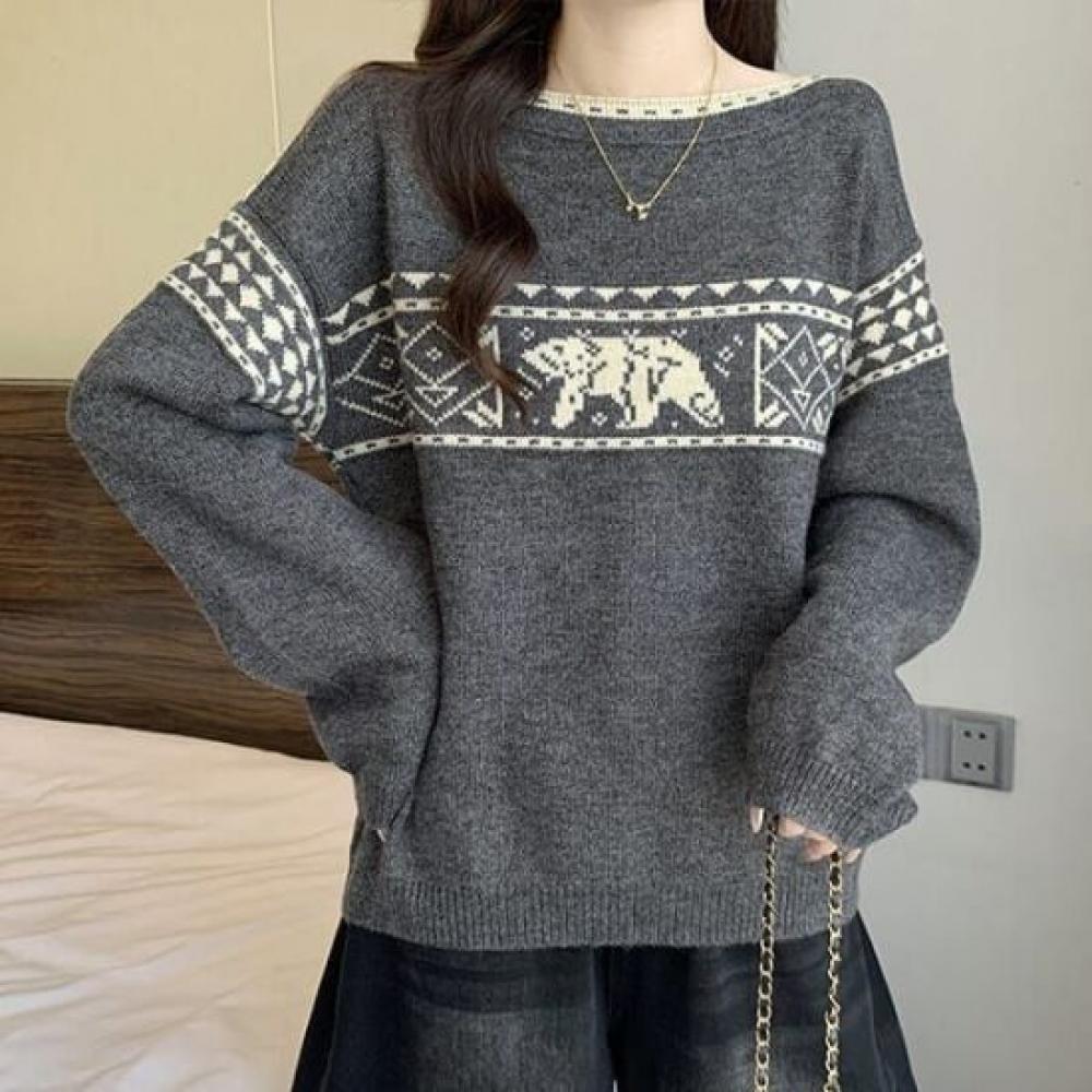 Navava Cozy Nordic Pattern Bear Jacquard Long Sleeve Knit Nk3208