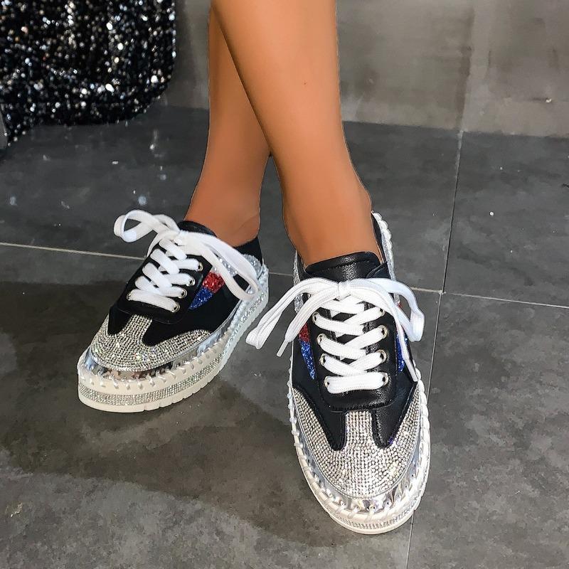 New lace-up flat-soled little white shoes women's spring and autumn rhinestone platform single shoes casual lazy muffin shoes