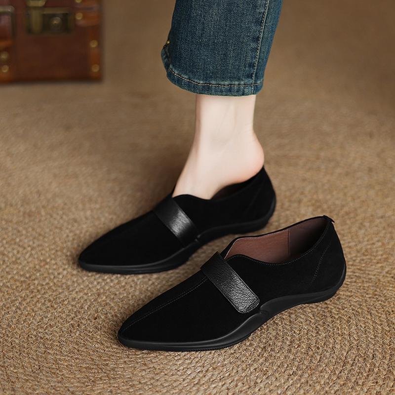 Mode NY Vår/Höst Dam Pumps Spetsig Tå Klumpig Klack Skor Får Mocka Läderskor för Kvinnor Slip-on Dam Loafers Svart Sko