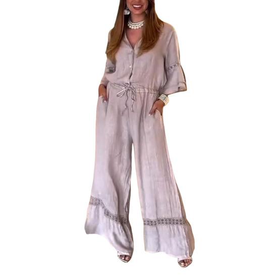 Damedresser med vide ben, knepping foran, V-hals, 3/4 volangermer, sommerlig og avslappet, snøring i midjen, heldekkende kjeledress, ettplagg