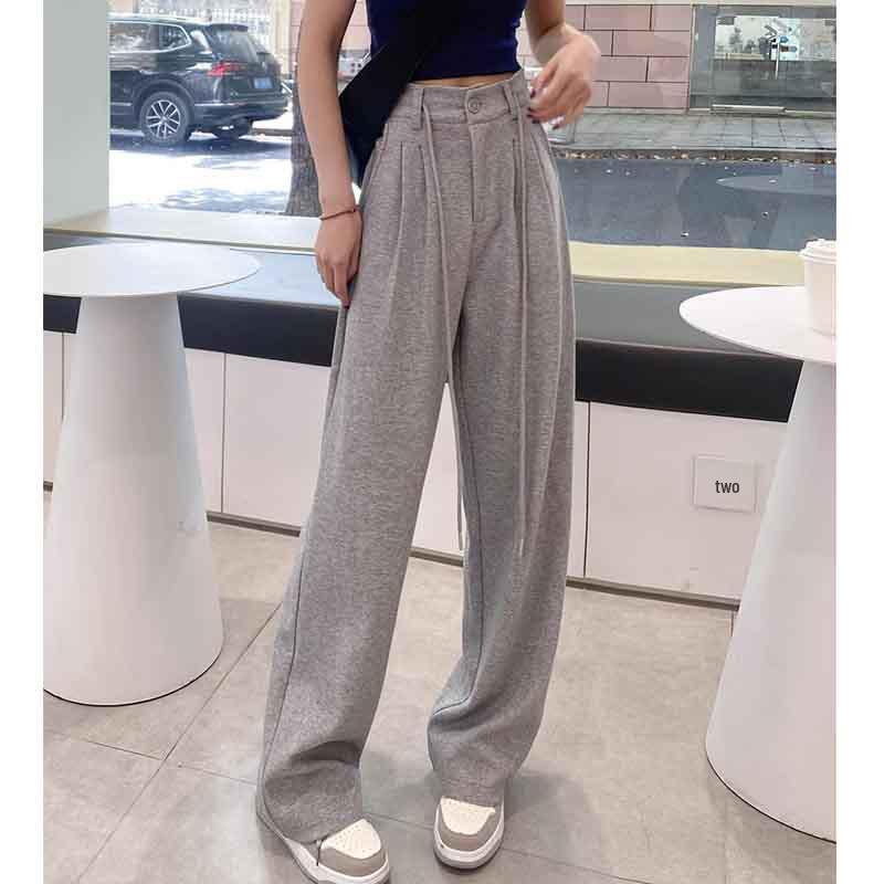 Petite High Waist Gray Drawstring Sweatpants for Women - Loose, Slimming, Wide Straight Leg, Casual Joggers