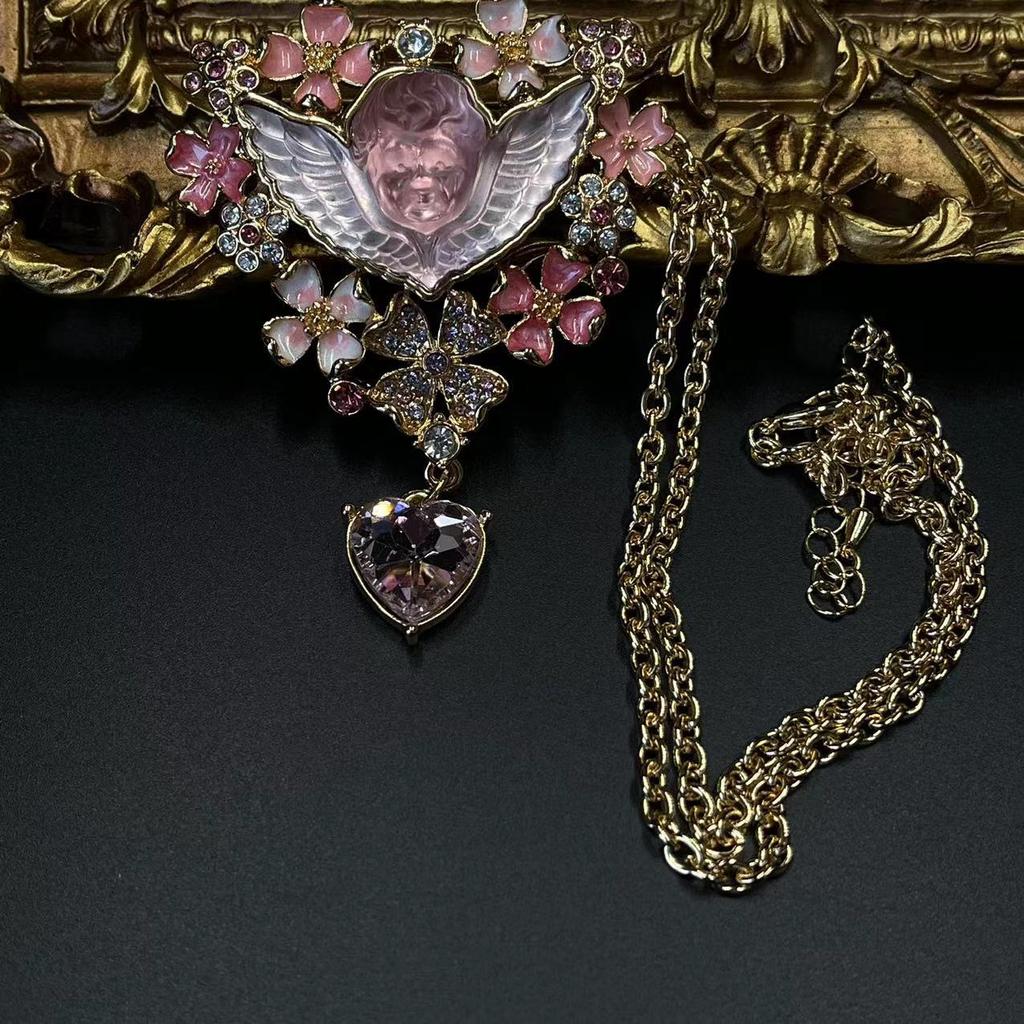 KF Vintage Sleeping Angel Pendant Love Earnail Enamel Craftsmanship Pink Flower Crystal Relief Necklace