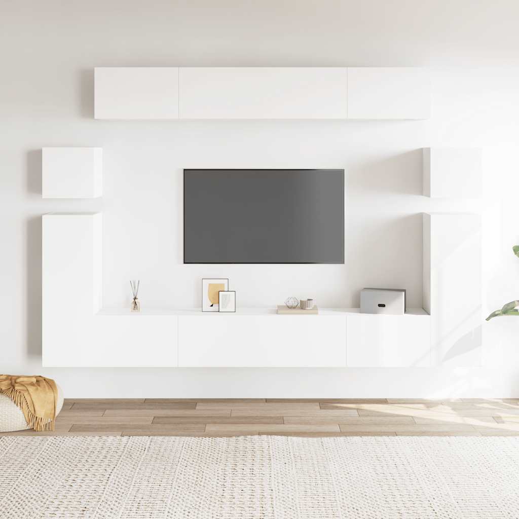8 piece TV cabinet set white particleboard