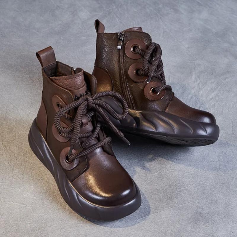 Johnature Genuine Leather Short Boots Retro Versatile Plush Warm Thick Bottom Side Zipper Women's Boots