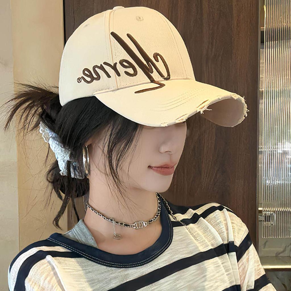 New hat women's big head circumference embroidered baseball cap wide brim sun protection showing face small tide brand hard top cap men's