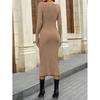 New Autumn and Winter Women's Round Neck Long Sleeve Twist Slit Solid Color Elegant Slim Dress