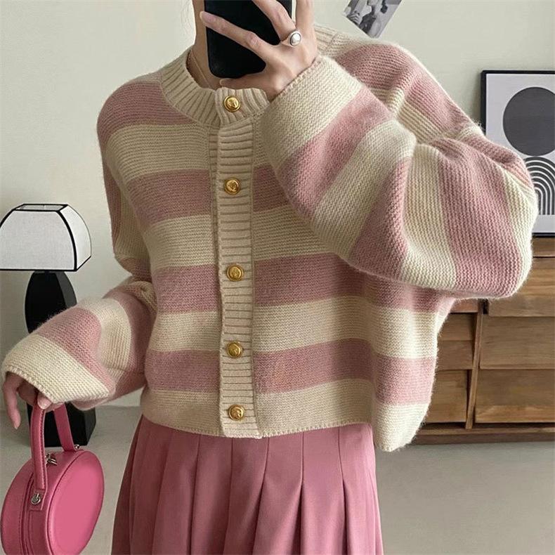 Color Block Striped Women's Sweater Lazy Style Knit Cardigan Korean-Style Fashionable Loose Crew Neck