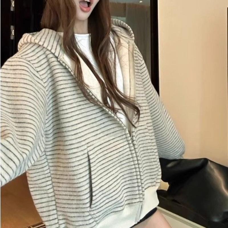 Paski Damskie Topy Zamek Jesień Zima Y2k Bluzy Koreańskie Luźne Z Kapturem Retro Kurtka