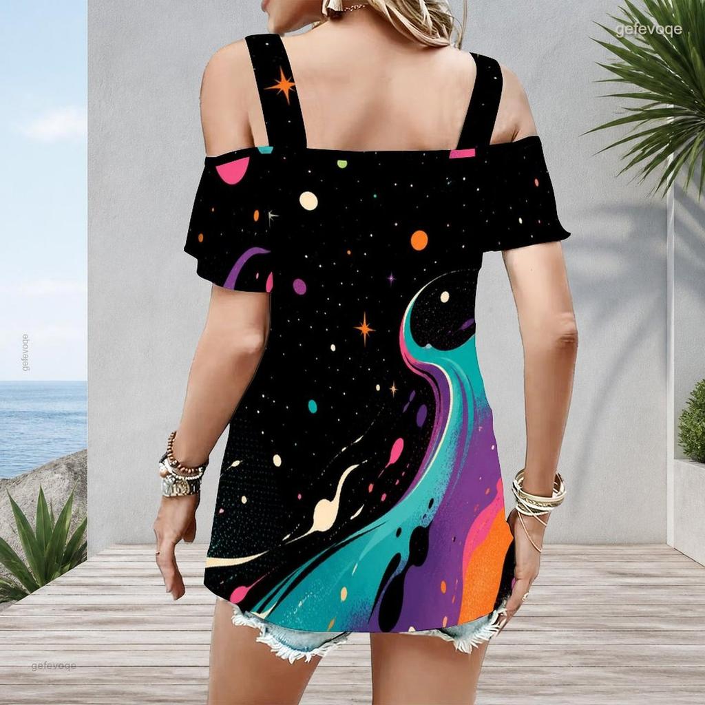 Plus Size Women Cold Shoulder Flutter Sleeve T Shirt Vintage Usa Star Stripe Brush Print Short Sleeve Top