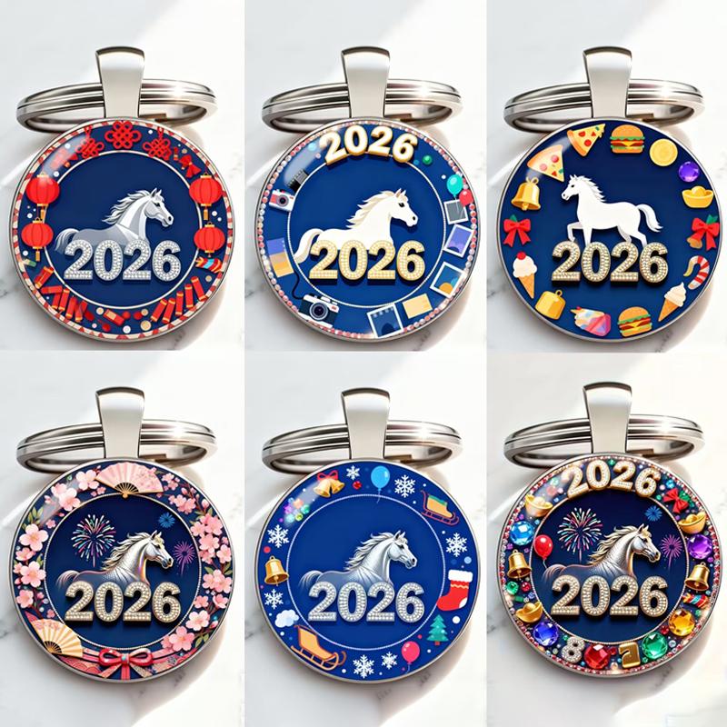 Zodiac Year Of The Horse 2026 Series Pattern Circular Keychain Pendant Backpack Decoration Gifts