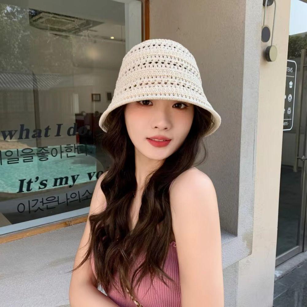 Knitted Sun Hat Wide Brim Hollow Beach Cap Casual Fisherman Hat