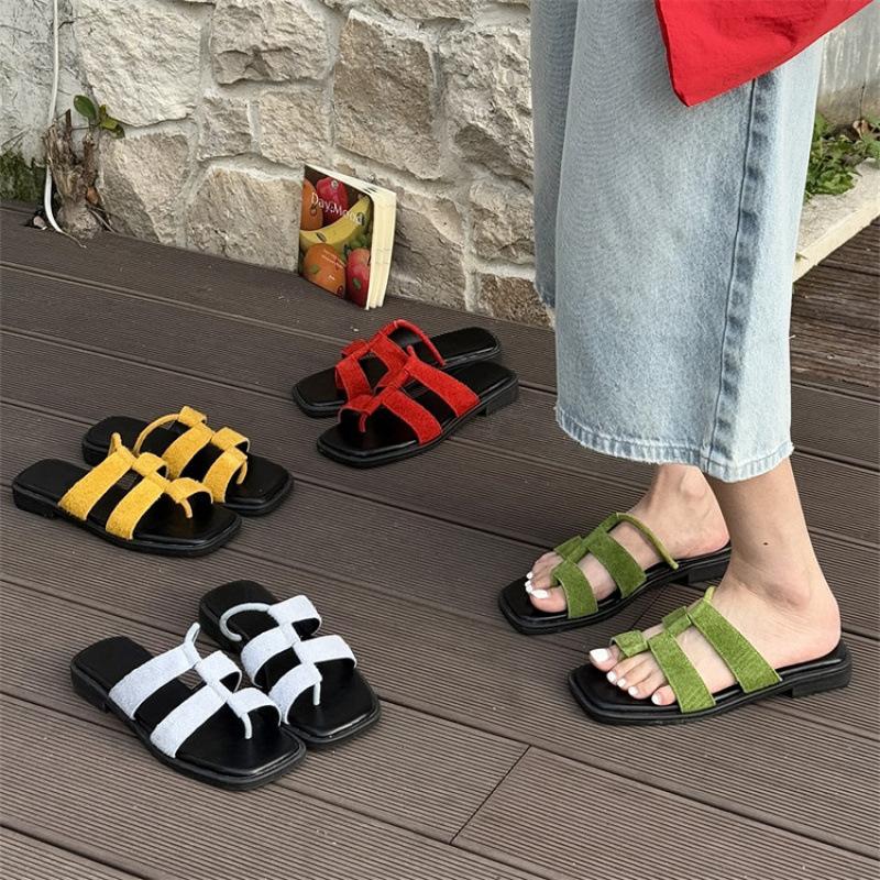 New Foot Flat Slippers Summer Toe Slippers Women's Casual Solid Color Dopamine Cool Slippers Large and Small Size Women's Shoes