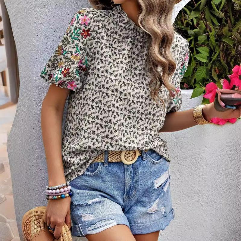 Summer New Embroidered Printed Loose Women's Shirts Short Sleeve Fashion Elegant Blouse Women Tops Stand Collar Slim Fit Shirt Female Clothing 26429