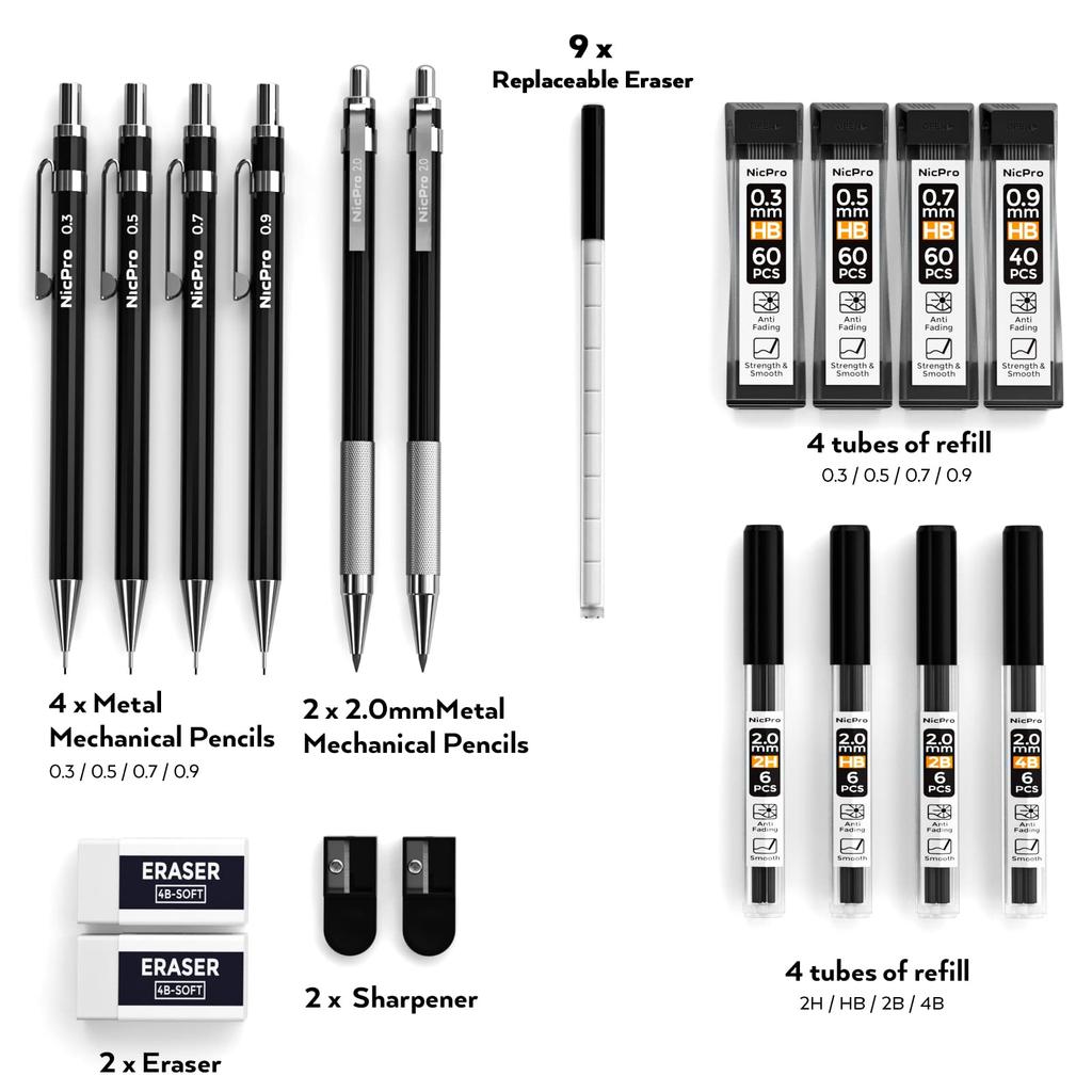 Nicpro Mechanical Black Metal Drafting mm Graphite Lead Holder for and Includes 8 Lead Refills and Eraser Case Pencils, 6-Piece Set, Pencils, 0.3 &