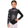 Kids Girls Performance Leotard: Long Sleeve Mock Neck with Mesh Patchwork & Butterfly Print Rhinestone Bodysuit Back Zipper