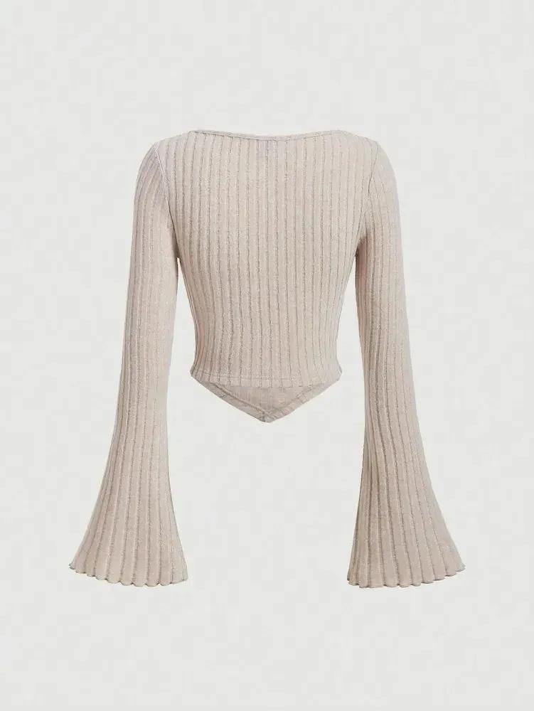 Long Sleeve Crop Top Phumee Sweetheart Neck Flared Sleeves  Rib-knit  A1933