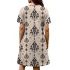 Damenkleid mit kurzen Ärmeln, lockerem Schnitt, knielang, mit geometrischem Print und besticktem Ausschnitt für den lässigen Alltagsgebrauch