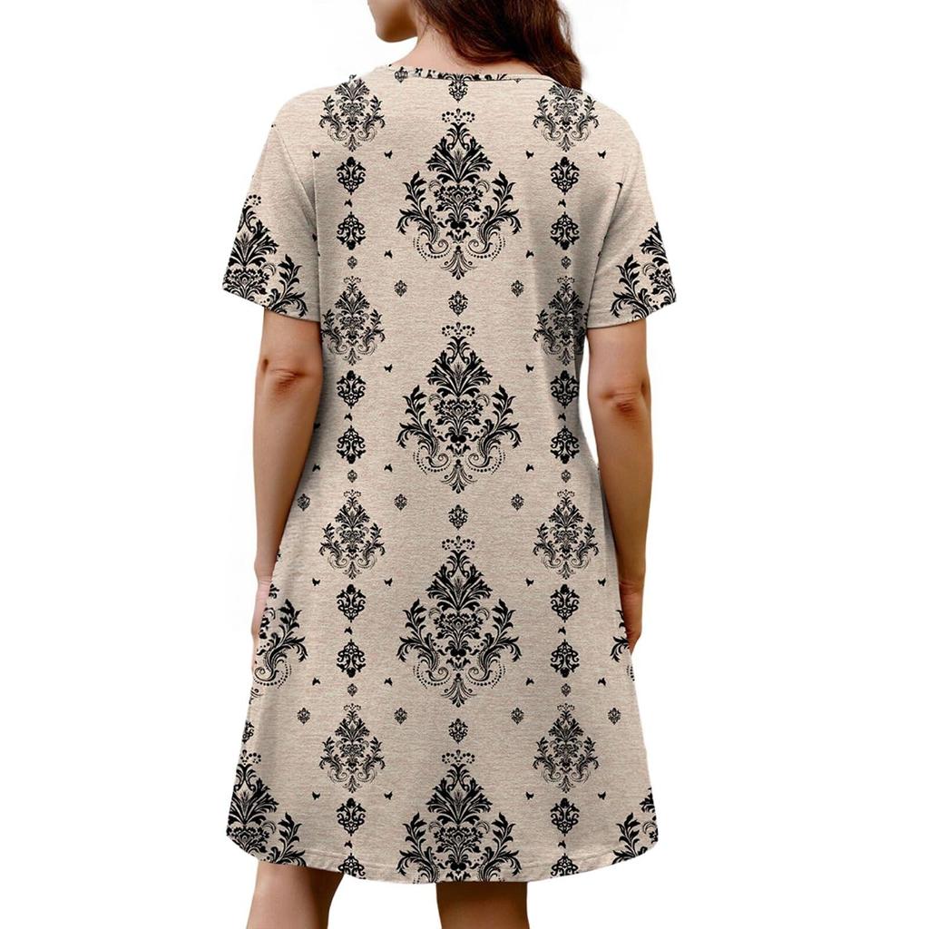 Damenkleid mit kurzen Ärmeln, lockerem Schnitt, knielang, mit geometrischem Print und besticktem Ausschnitt für den lässigen Alltagsgebrauch