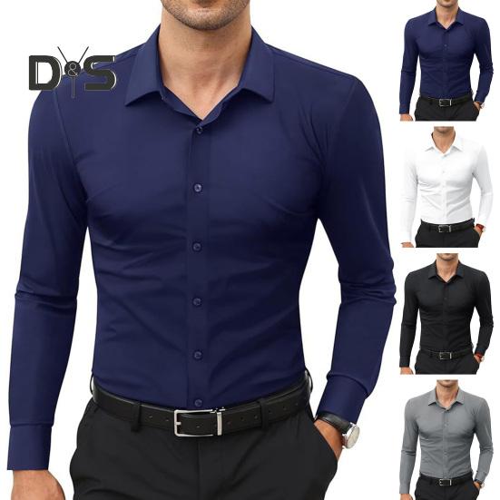 Men's Dress Shirt Long Sleeve Lapel Button Down Shirt Solid Color Formal Business Shirt for Work Dates Interviews Weddings