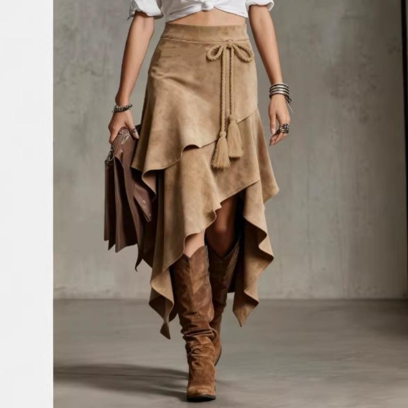Women's Western Style Suede Asymmetric High Waist Midi Skirt with Tie Waist